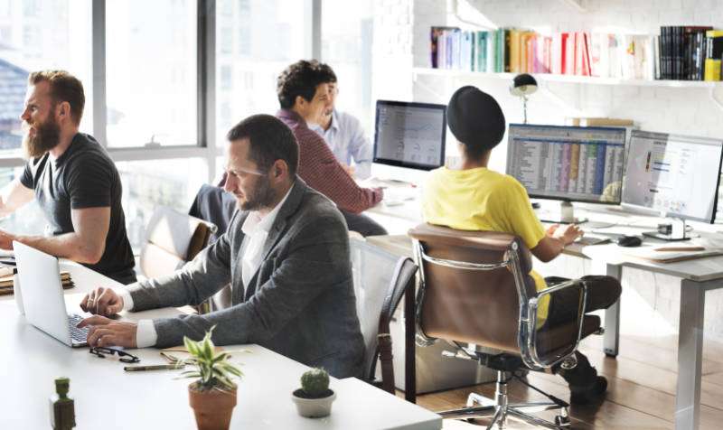 Team of people working at computers in an office.