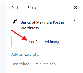 Featured image button to set the featured image in the post options panel.