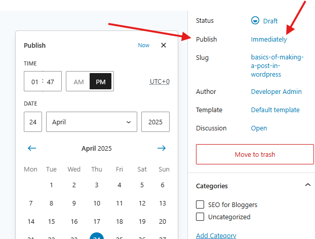 Where to set the publishing status, date, and time of a WordPress post.