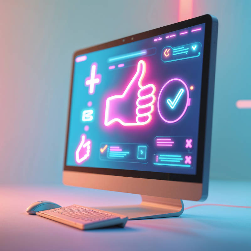 Graphic depicting website on a computer monitor with the a big thumbs up.